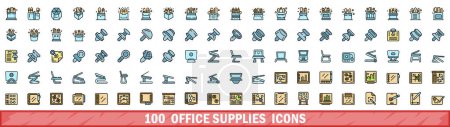 100 iconos de artículos de oficina. Conjunto de línea de color de la oficina suministra iconos vectoriales línea delgada de color plano en blanco