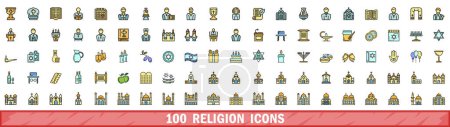Ilustración de 100 iconos de la religión establecidos. Línea de color conjunto de iconos vectoriales religión delgada línea de color plano sobre blanco - Imagen libre de derechos