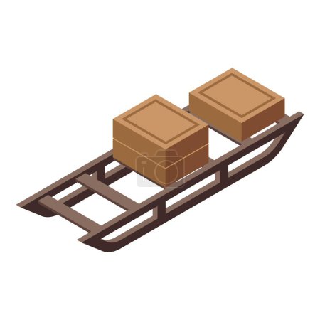Box delivery on sleigh icon isometric vector. Wooden material. Fast move