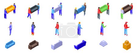 Männer mit Sofa-Ikonen setzen isometrischen Vektor. Arbeiter in Bewegung. Möbelwohnung