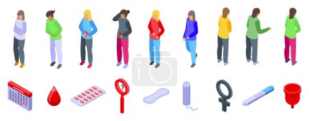 Téléchargez les illustrations : Les icônes du calendrier menstruel définissent un vecteur isométrique. Cycle féminin. Douleurs douloureuses - en licence libre de droit