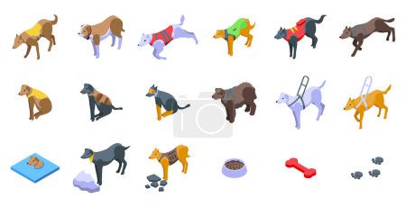 Téléchargez les illustrations : Icônes de chien de sauvetage ensemble vecteur isométrique. Équipage courageux. Héroïsme animal - en licence libre de droit