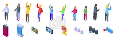 Winning guessing game icons set isometric vector. Show player. Stand button