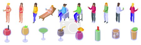 Woman drink cocktail icons set isometric vector. Fashionable girl. Beach vacation