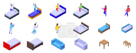 Kids jumping bed icons set isometric vector. Play activity. Happy care