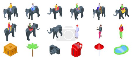 Elefantenreiten Symbole setzen isometrischen Vektor. Indischer Junge. Sitzender Reisetourist