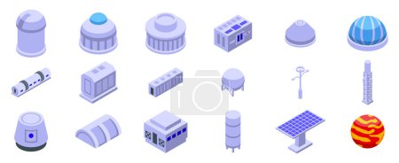 Mars observatory icons set isometric vector. Planet colony. Futuristic space