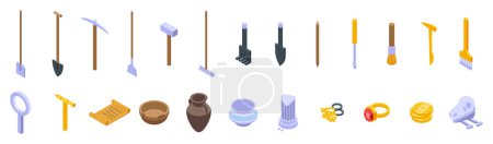 Excavation tools icons set isometric vector. Ancient inventory. Antique digging