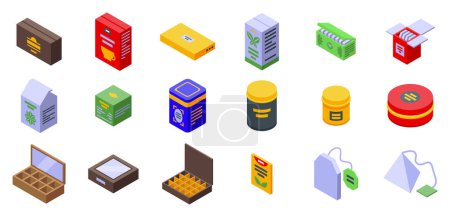 Illustration for Tea box icons set isometric vector. Drink bag. Tin cup product - Royalty Free Image