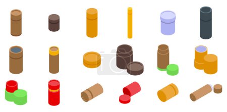 Craft tube box icons set isometric vector. Kraft package. Circular product