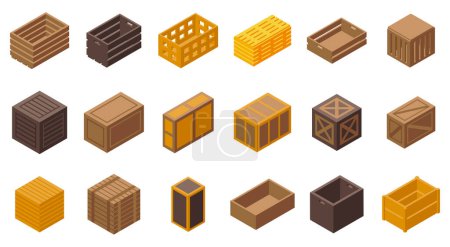 Wooden crates icons set isometric vector. Storage box. View front food