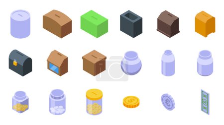 Money box tips icons set isometric vector. Glass savings. Acrylic fund