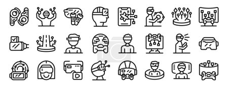 Video game virtual reality icons set outline vector. Male character. VR headset