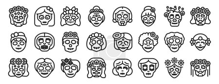 Iconos femeninos mexicanos del cráneo establecen el vector de contorno. Dama muerta. Vacaciones mexicanas