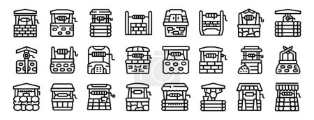 Old water well icons set outline vector. Rural stone. Ancient garden farm