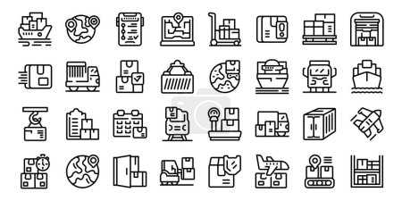 Illustration for Airplane transport logistics icons set outline vector. Delivery distribution. Supply chain - Royalty Free Image