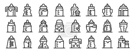 Fütterung Flaschensymbole setzen Umrissvektor. Neugeborener Schnuller. Milchflasche aus Kunststoff