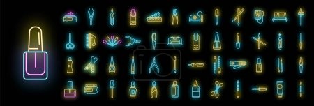 Equipment for manicure icons set outline vector. Nail pedicure. Art care neon color on black
