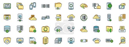 Backups icons set outline vector. Recovery data. App recover thin line color flat on white
