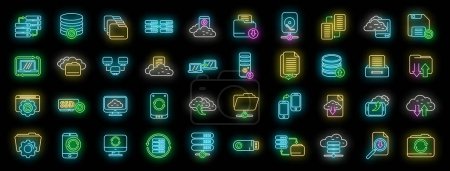 Backups icons set outline vector. Recovery data. App recover neon color on black