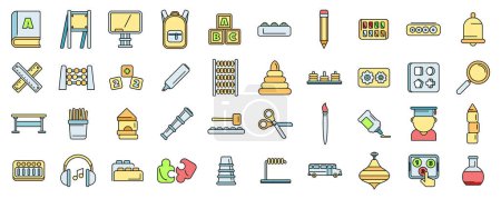 Early educations icons set outline vector. Baby learn. Read school thin line color flat on white