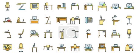 Ergonomische Arbeitsplatzsymbole geben Umrissvektoren vor. Karosseriestuhl. Comfort Computer dünne Linie Farbe flach auf weiß