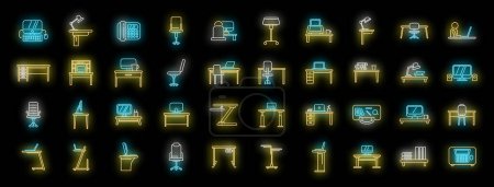 Ergonomische Arbeitsplatzsymbole geben Umrissvektoren vor. Karosseriestuhl. Comfort Computer Neon Farbe auf Schwarz