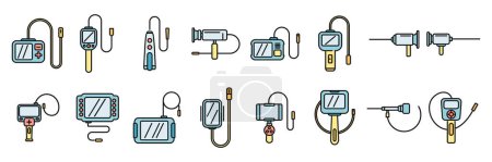 Endoscope icons set outline vector. Digestive gastric. Gastro examination thin line color flat on white