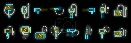 Endoscope icons set outline vector. Digestive gastric. Gastro examination neon color on black