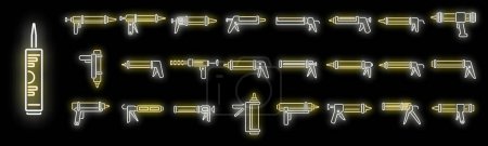 Silicone caulk gun icons set outline vector. Adhesive builder. Construction carpenter neon color on black