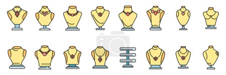 Schmuck-Dummy-Symbole setzen Umrissvektoren. Pleitekette. Diamond Mode dünne Linie Farbe flach auf weiß