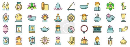 Spiritual practices icons set outline vector. Calm retreat. Aroma stress thin line color flat on white