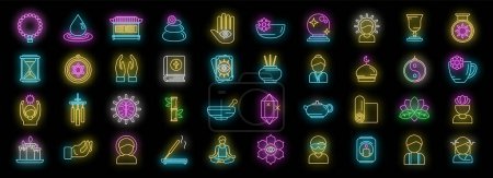 Spiritual practices icons set outline vector. Calm retreat. Aroma stress neon color on black