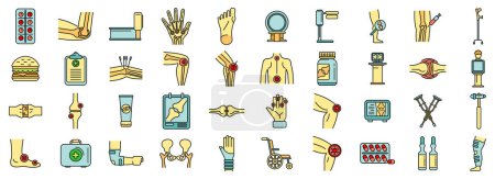 Arthritis icons set outline vector. Joint injury. Medical science thin line color flat on white