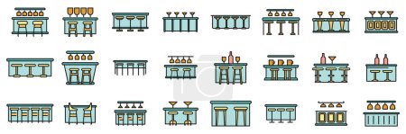 Illustration for Bar counter icons set outline vector. Glass breakfast. Cafe chair thin line color flat on white - Royalty Free Image