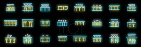Illustration for Bar counter icons set outline vector. Glass breakfast. Cafe chair neon color on black - Royalty Free Image