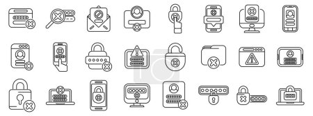 Illustration for Wrong password icons set outline vector. Lock key forget. Work data shield - Royalty Free Image