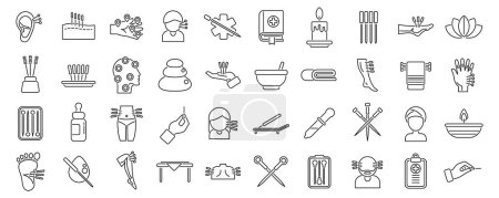Acupuncture icons set outline vector. Meridian body. Liver point needle