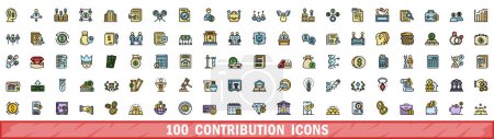 100 contribution icons set. Color line set of contribution vector icons thin line color flat on white