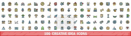 Ensemble de 100 icônes d'idées créatives. Jeu de lignes de couleurs d'icônes vectorielles d'idées créatives couleur de ligne mince plat sur blanc