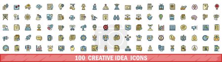 100 kreative Ideensymbole gesetzt. Farbe Linie Reihe von kreativen Idee Vektor Symbole dünne Linie Farbe flach auf weiß