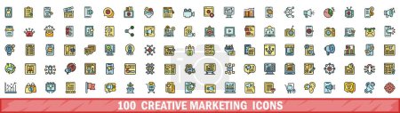 Ilustración de 100 iconos de marketing creativo conjunto. Conjunto de línea de color de iconos vectoriales de marketing creativo línea delgada de color plano en blanco - Imagen libre de derechos