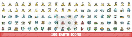 100 iconos de tierra establecidos. Conjunto de líneas de color de iconos vectoriales de tierra delgada línea de color plana en blanco