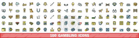 100 iconos de juego establecidos. Conjunto de línea de color de los iconos vectoriales de juego de línea delgada de color plano en blanco