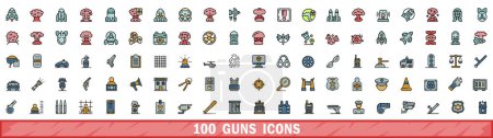 Ensemble de 100 icônes d'armes. Ensemble de lignes de couleurs d'icônes vectorielles de canons couleur de ligne mince plat sur blanc