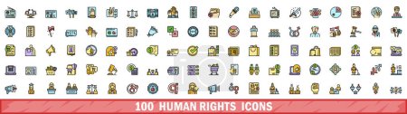 100 Ikonen der Menschenrechte gesetzt. Farbe Linie Satz von Menschenrechtsvektorsymbolen dünne Linie Farbe flach auf weiß