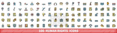 100 iconos de derechos humanos. Línea de color conjunto de iconos vectoriales de derechos humanos línea delgada de color plano sobre blanco