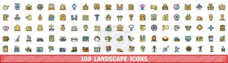 Ensemble de 100 icônes de paysage. Ensemble de lignes de couleurs d'icônes vectorielles de paysage couleur de ligne mince à plat sur blanc
