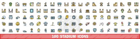 100 iconos del estadio establecidos. Línea de color conjunto de iconos de vectores de estadio línea delgada de color plano sobre blanco
