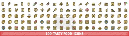 Téléchargez les illustrations : 100 délicieuses icônes de la nourriture ensemble. Ensemble de lignes de couleurs d'icônes vectorielles alimentaires savoureuses couleur de ligne mince à plat sur blanc - en licence libre de droit